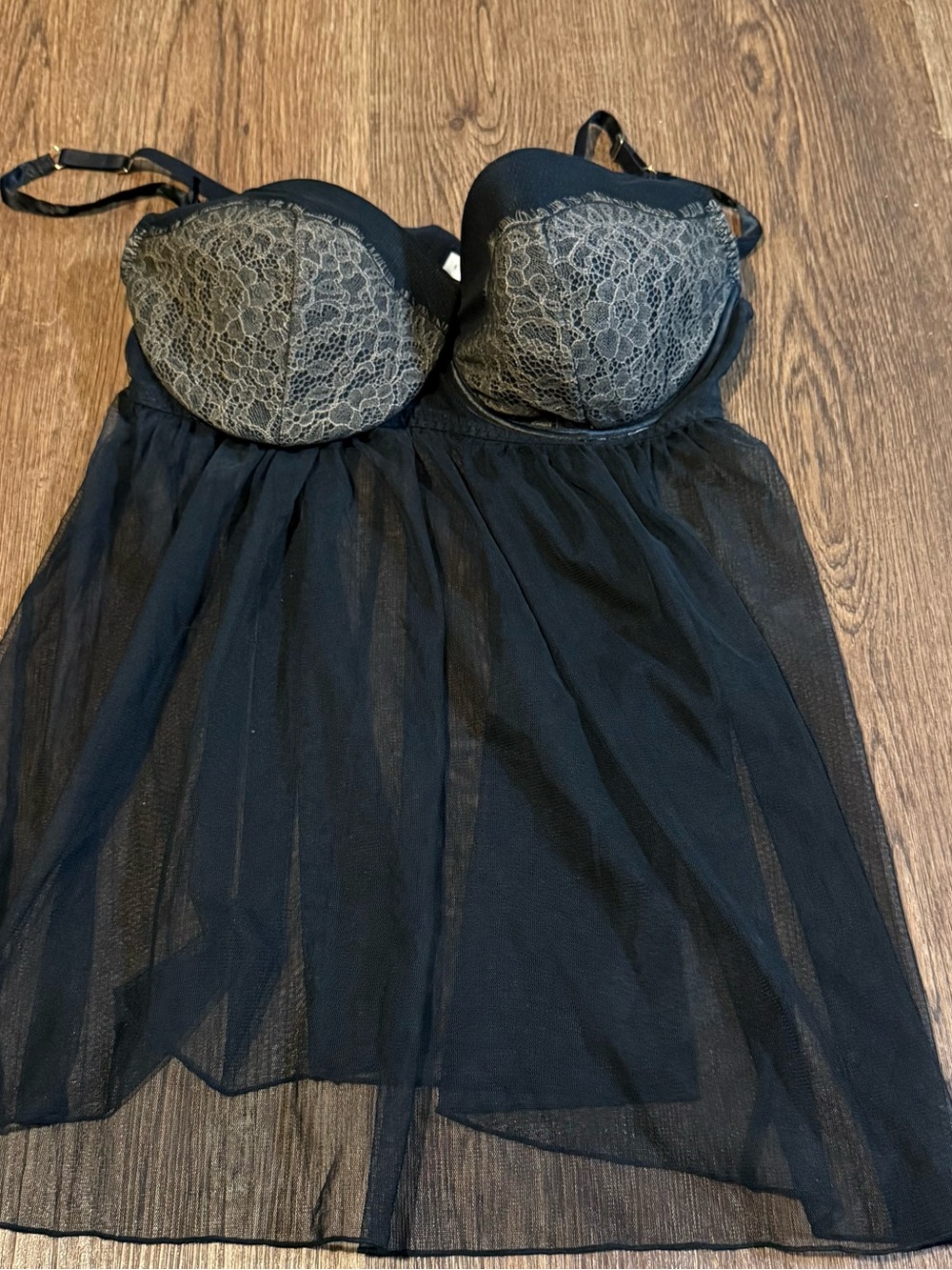 Cacique Black Babydoll Chemise with Gray Lace Accents